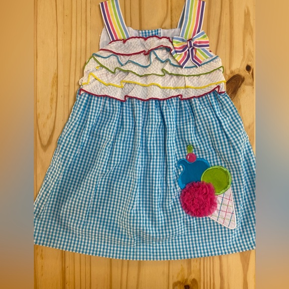 Rare Editions Other - Rare Editions Blue Gingham Dress with Multicolor Striped Bow and Ruffles